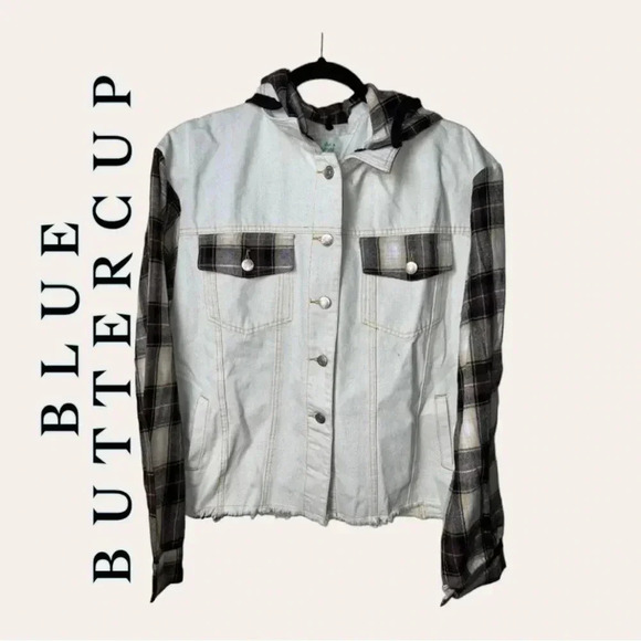 BLUE BUTTERCUP WHITE DENIM JEAN‎ JACKET WITH HOOD PLAID PATTERN MATERIAL ON ARMS - Picture 1 of 10